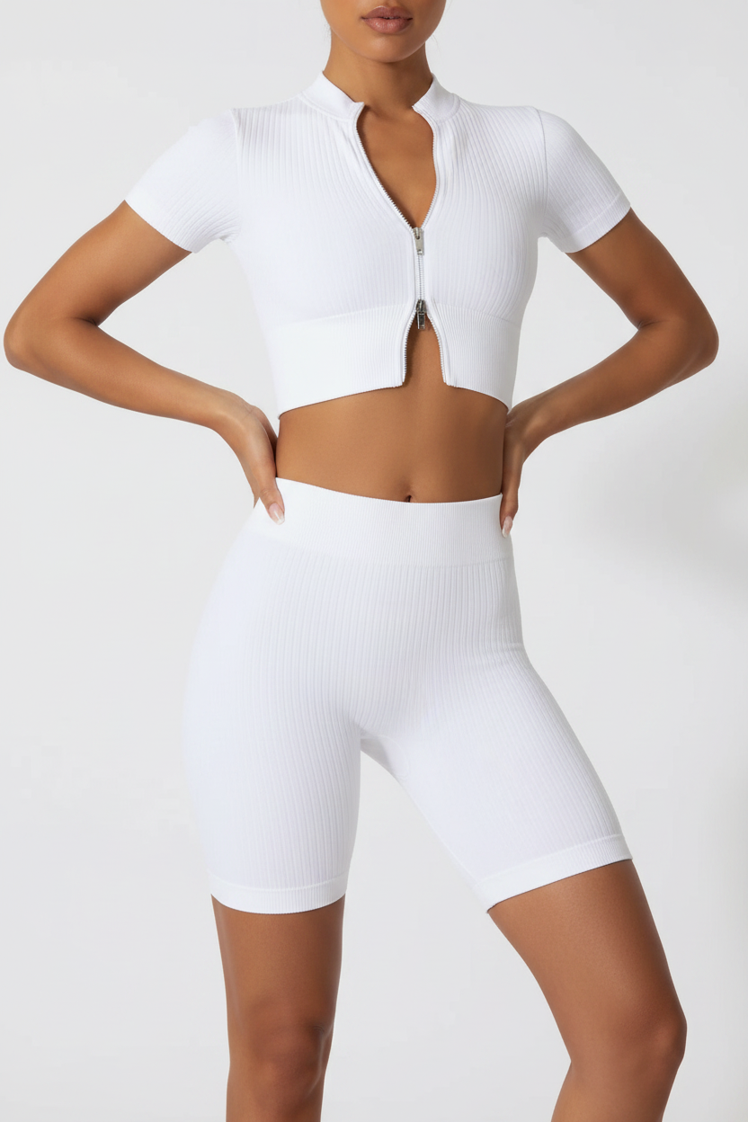 Seamless Ribbed Zip-Up Crop Top & Biker Shorts Set