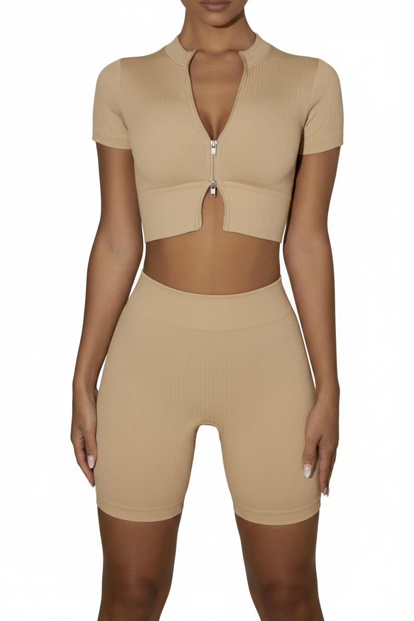 Seamless Ribbed Zip-Up Crop Top & Biker Shorts Set