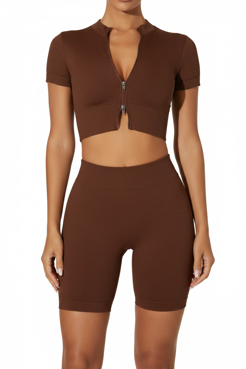 Seamless Ribbed Zip-Up Crop Top & Biker Shorts Set