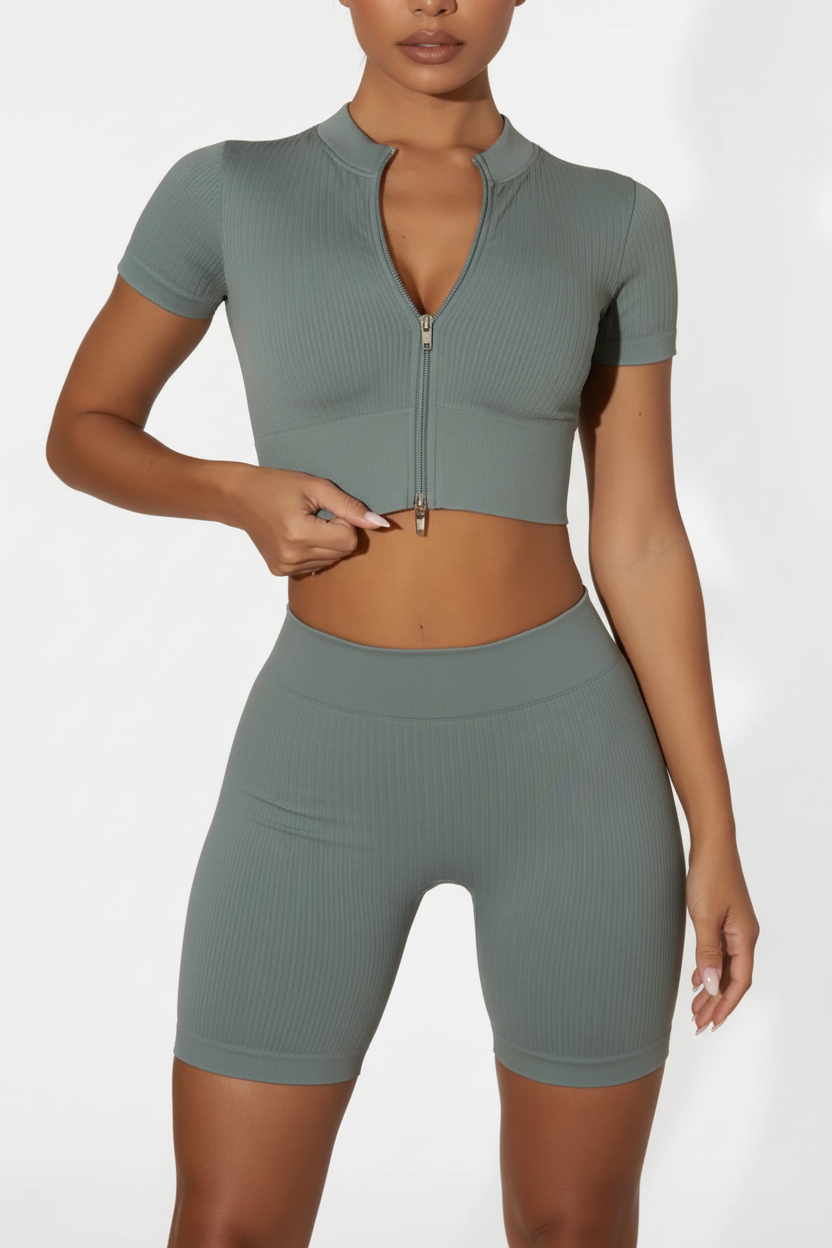 Seamless Ribbed Zip-Up Crop Top & Biker Shorts Set