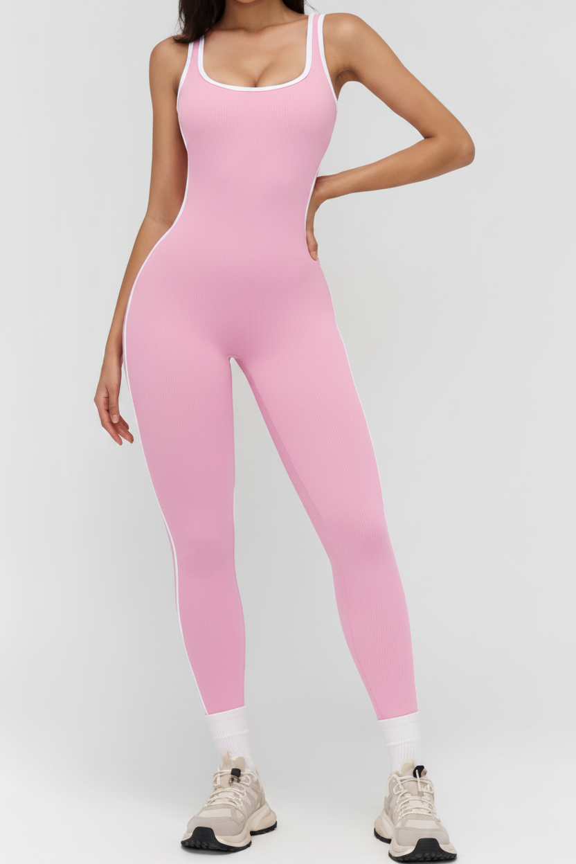 Person wearing a pink jumpsuit on a white background
