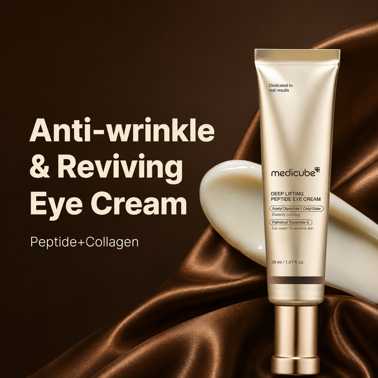 Medicube Deep Lifting Peptide Eye Cream on brown fabric with text 'Anti-wrinkle & Reviving Eye Cream'.