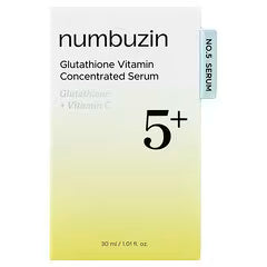 Numbuzin No.5 Glutathione & Vitamin Concentrated Serum in a dark amber dropper bottle with yellow label, 1.01 fl oz, Korean skincare for dark spots and brightening