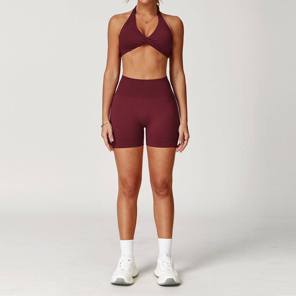 Twist Halter Sports Bra &amp; High-Waist Shorts Set