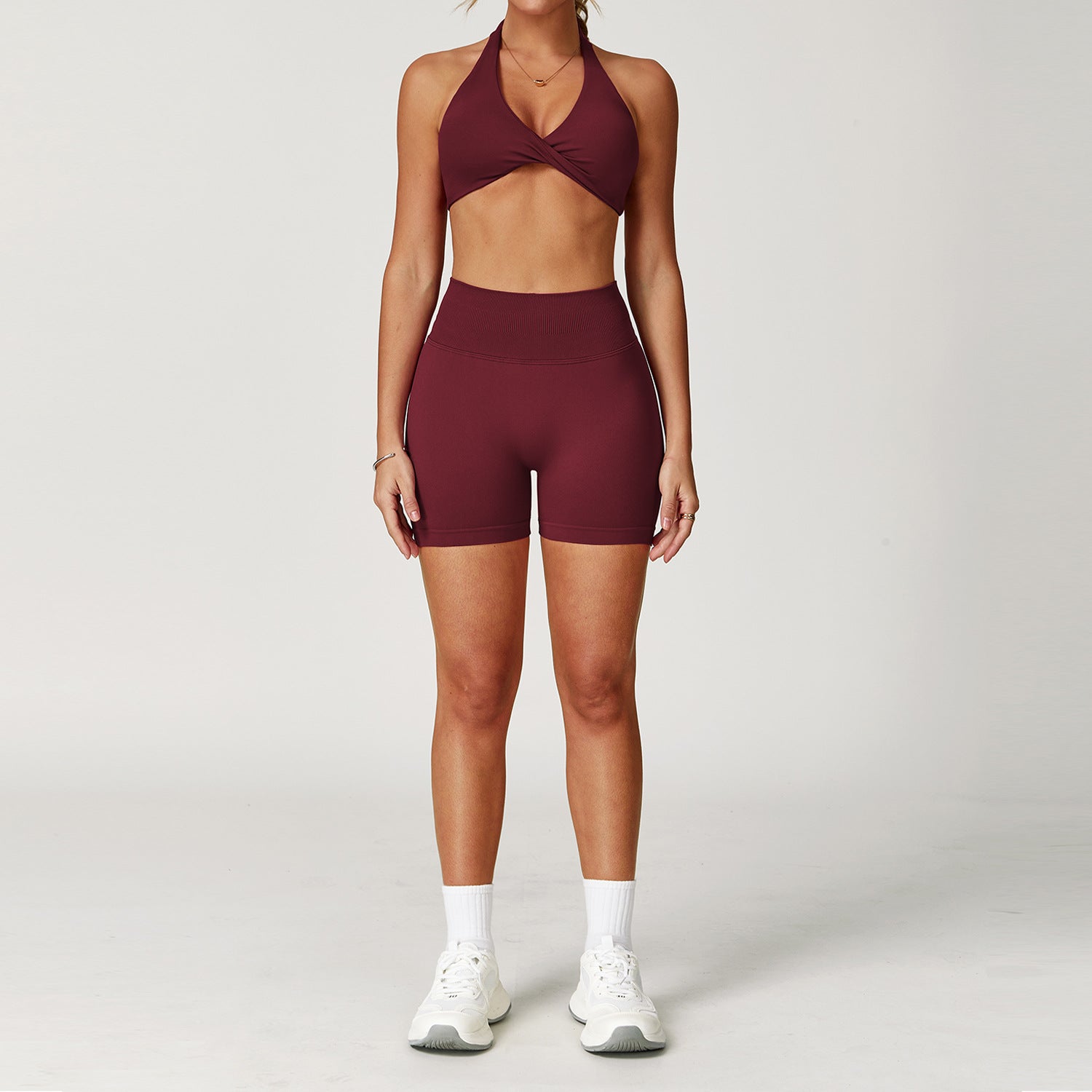 Twist Halter Sports Bra &amp; High-Waist Shorts Set