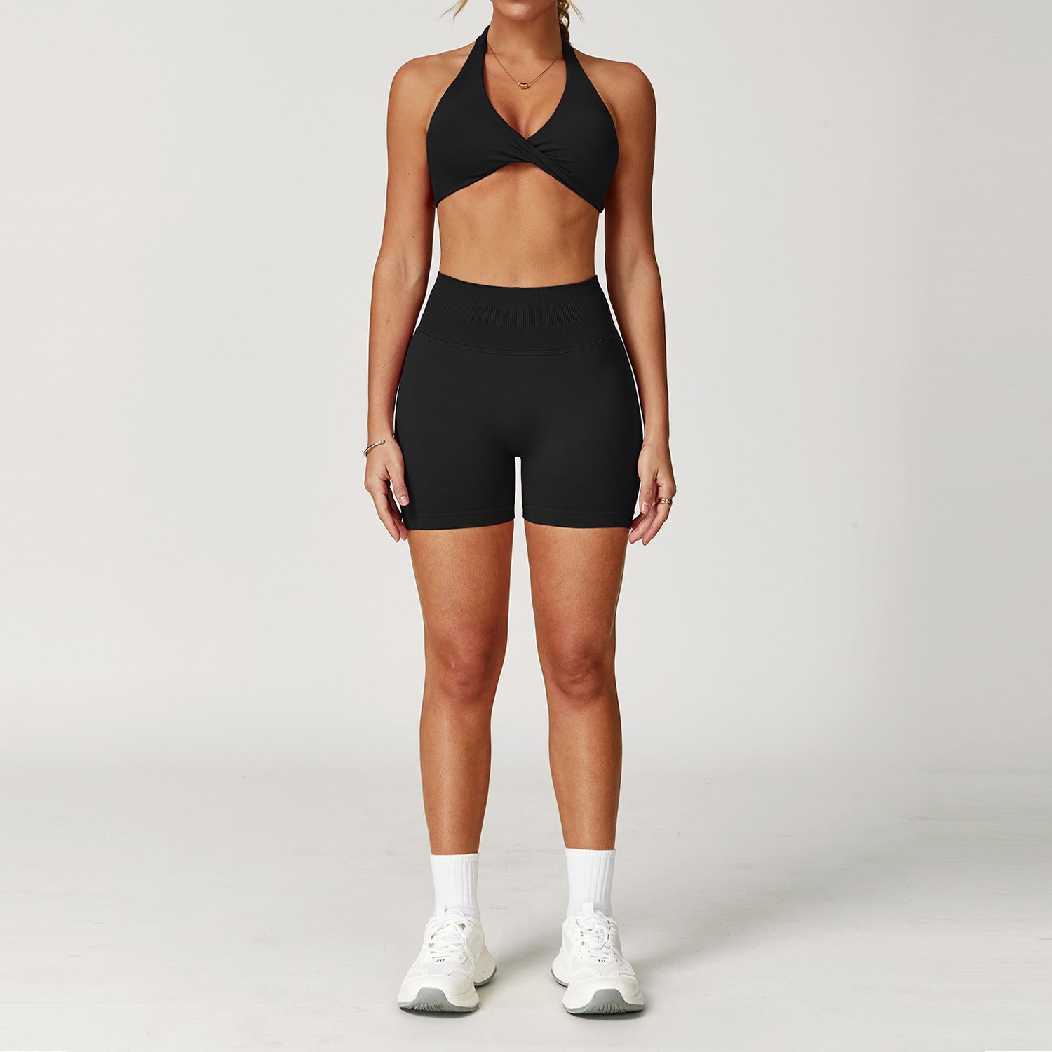 Twist Halter Sports Bra &amp; High-Waist Shorts Set