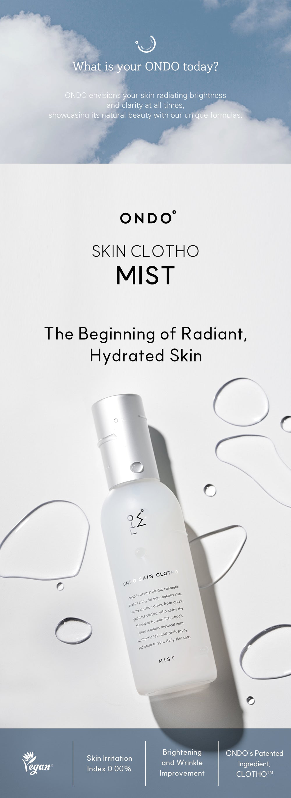 ONDÓ Skin Clotho Mist bottle on a white background with cloud design