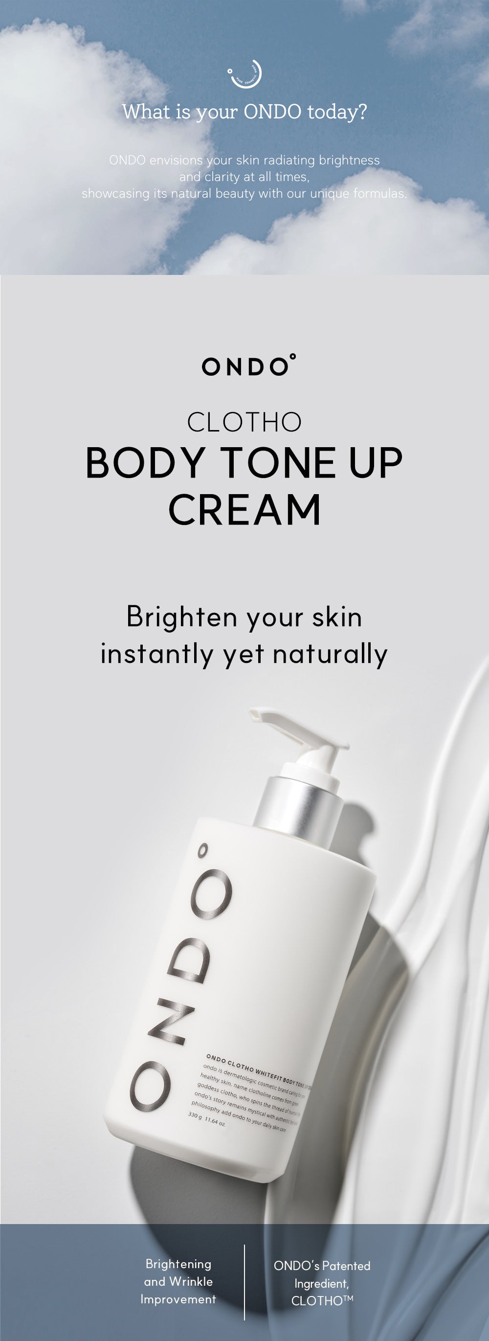 ONDÓ Clotho Body Tone Up Cream with pump bottle on a white background