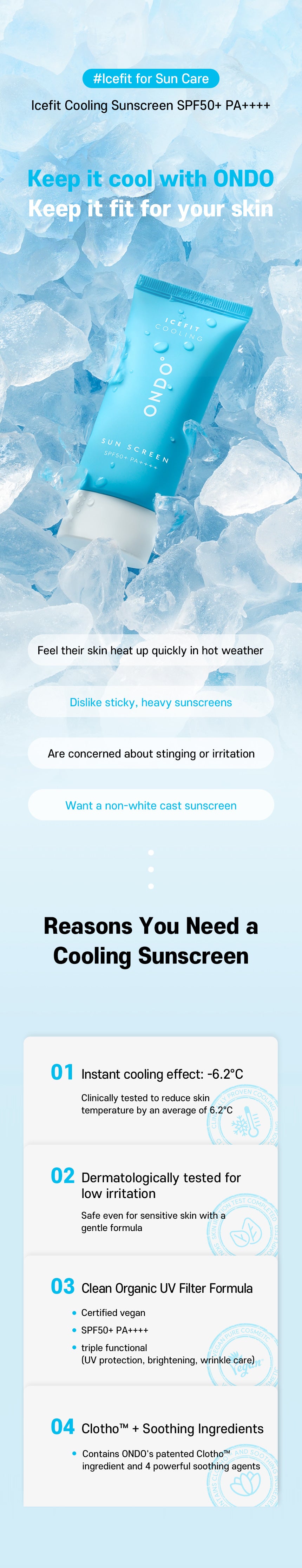 Cooling sunscreen product with ice cubes and text about its benefits