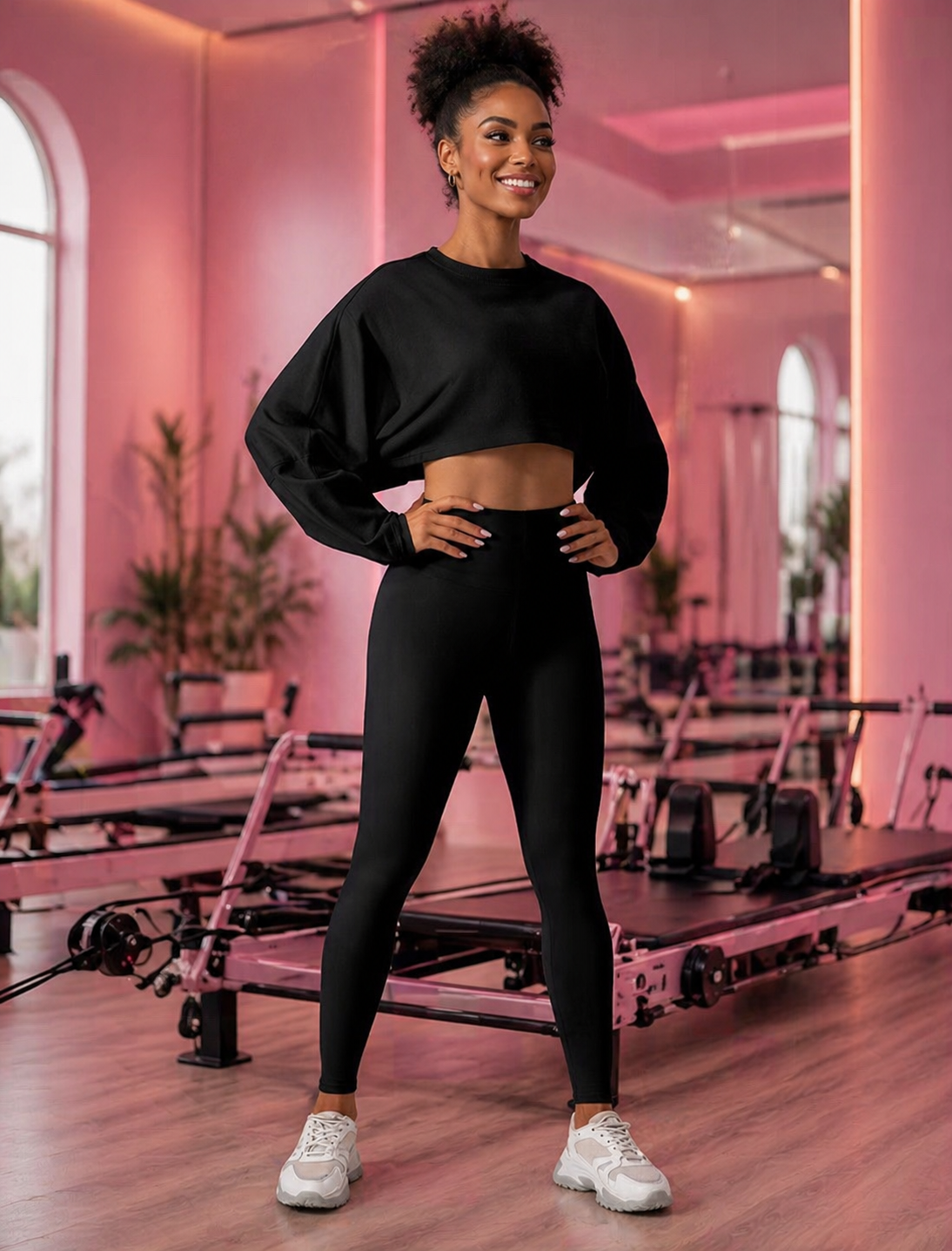 Woman in black athletic wear standing in a pink-lit Pilates studio.