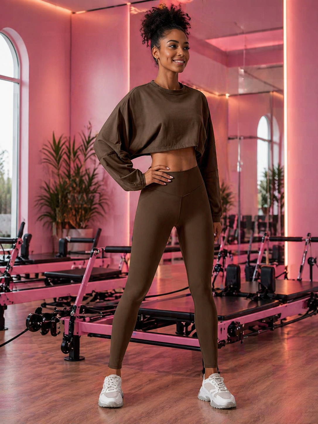 Woman in athletic wear standing in a Pilates reformer room with pink walls.