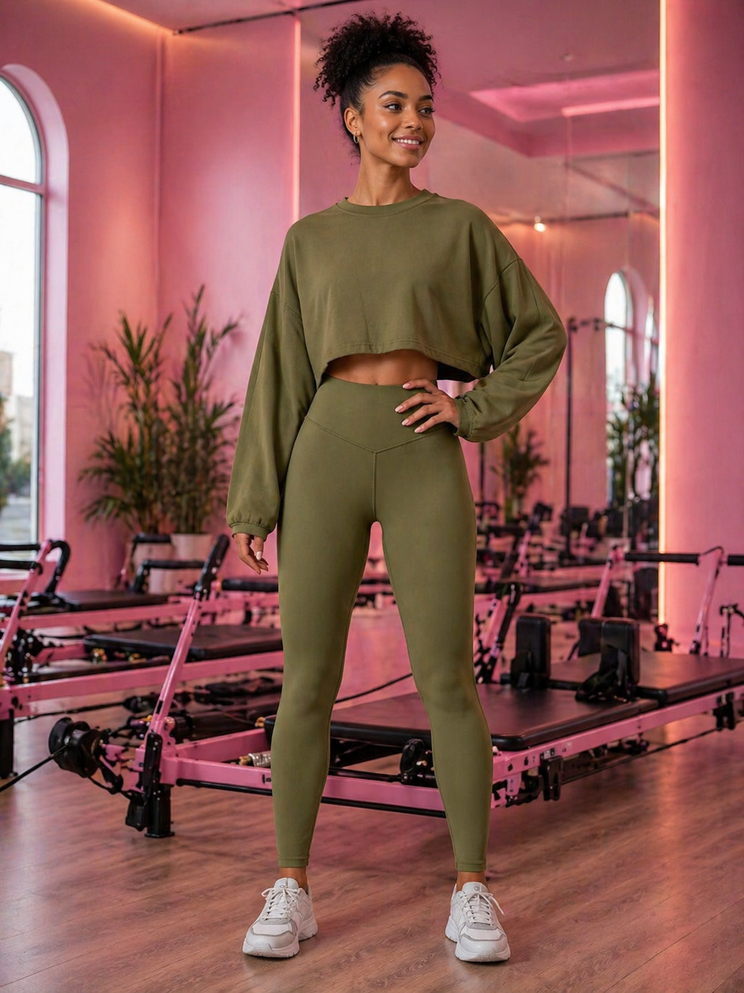 Woman in green athletic wear standing in a pink-themed fitness studio.