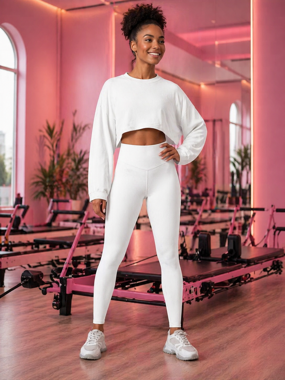 Woman in white athletic wear standing in a pink fitness studio