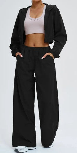 Hooded Windbreaker Wide-Leg Set