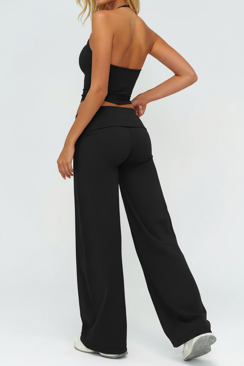 Enhanced Black Wide-Leg Yoga Pants Back View