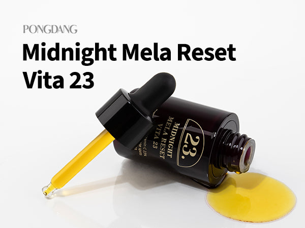 Pongdang Midnight Mela Reset Vita 23 dropper bottle with yellow liquid on a white background