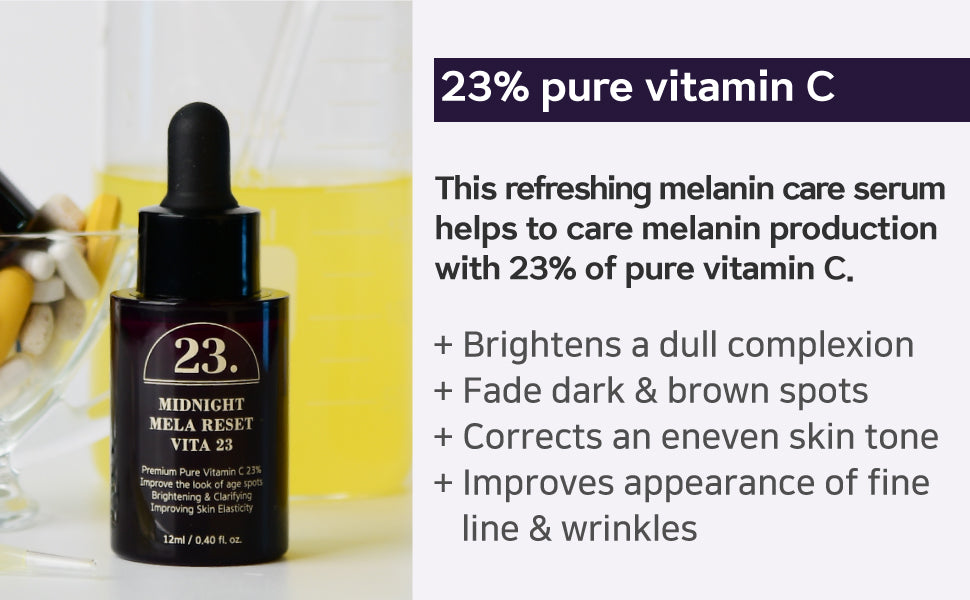 Vitamin C serum bottle with product description on a white background