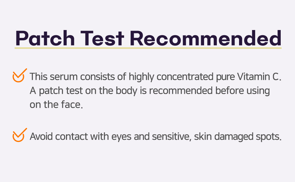 Text warning about patch testing a serum with highly concentrated pure Vitamin C on a white background
